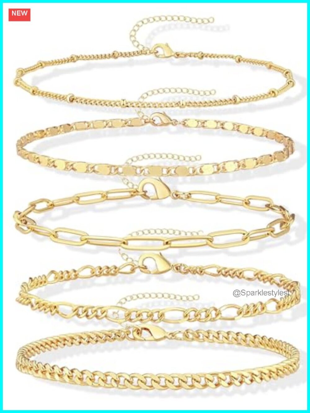 14K Gold Plated Dainty Stackable Paperclip Cuban Link Chain Bracelets Set